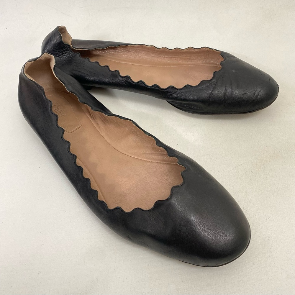 Chloe Black Scalloped Leather Ballet Flats
